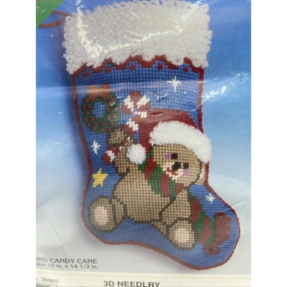 Vintage National Yarn Crafts 3D Needlry Christmas Stocking Kit Bear Candy Cane